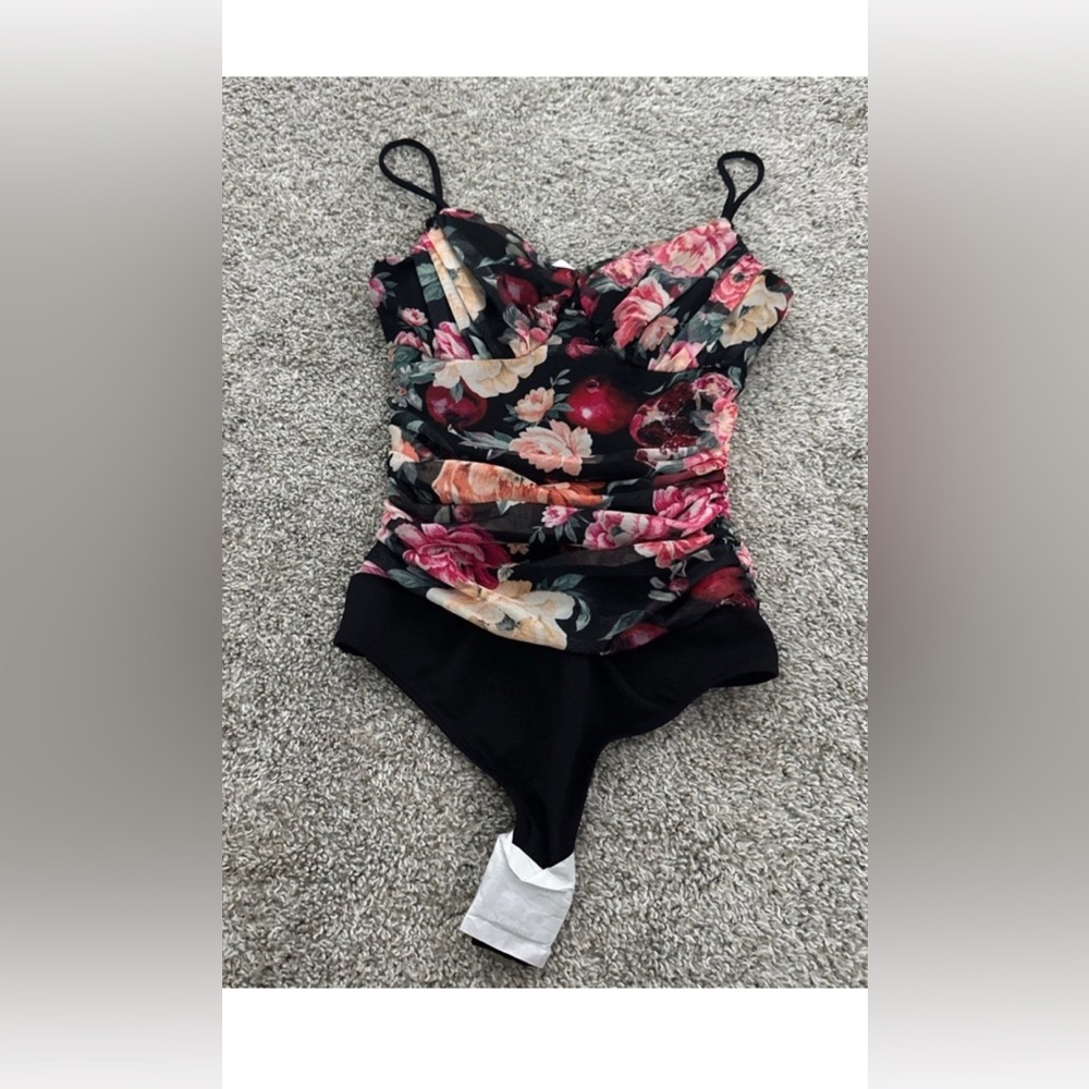 Express Black Floral Ruched Bodysuit with Multicolor Floral Design